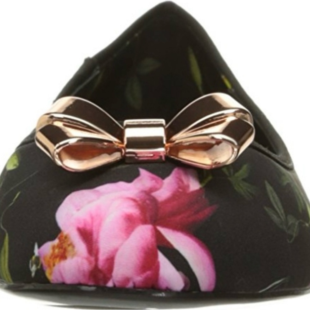 Ted Baker Black and Pink Floral Ballet Flats with Bow - Picture 3 of 9